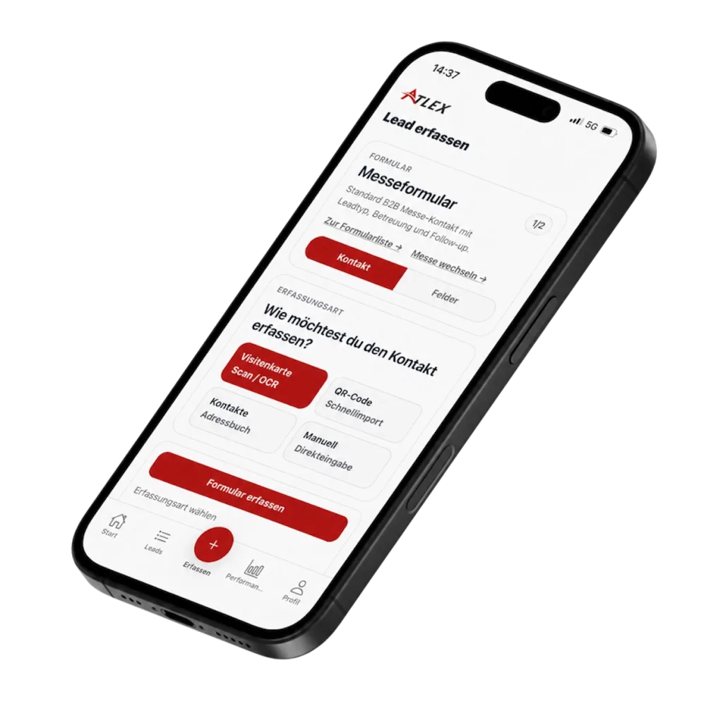 LeadRadar App zur Erfassung von Messekontakten per Visitenkarte, QR-Code oder manueller Eingabe