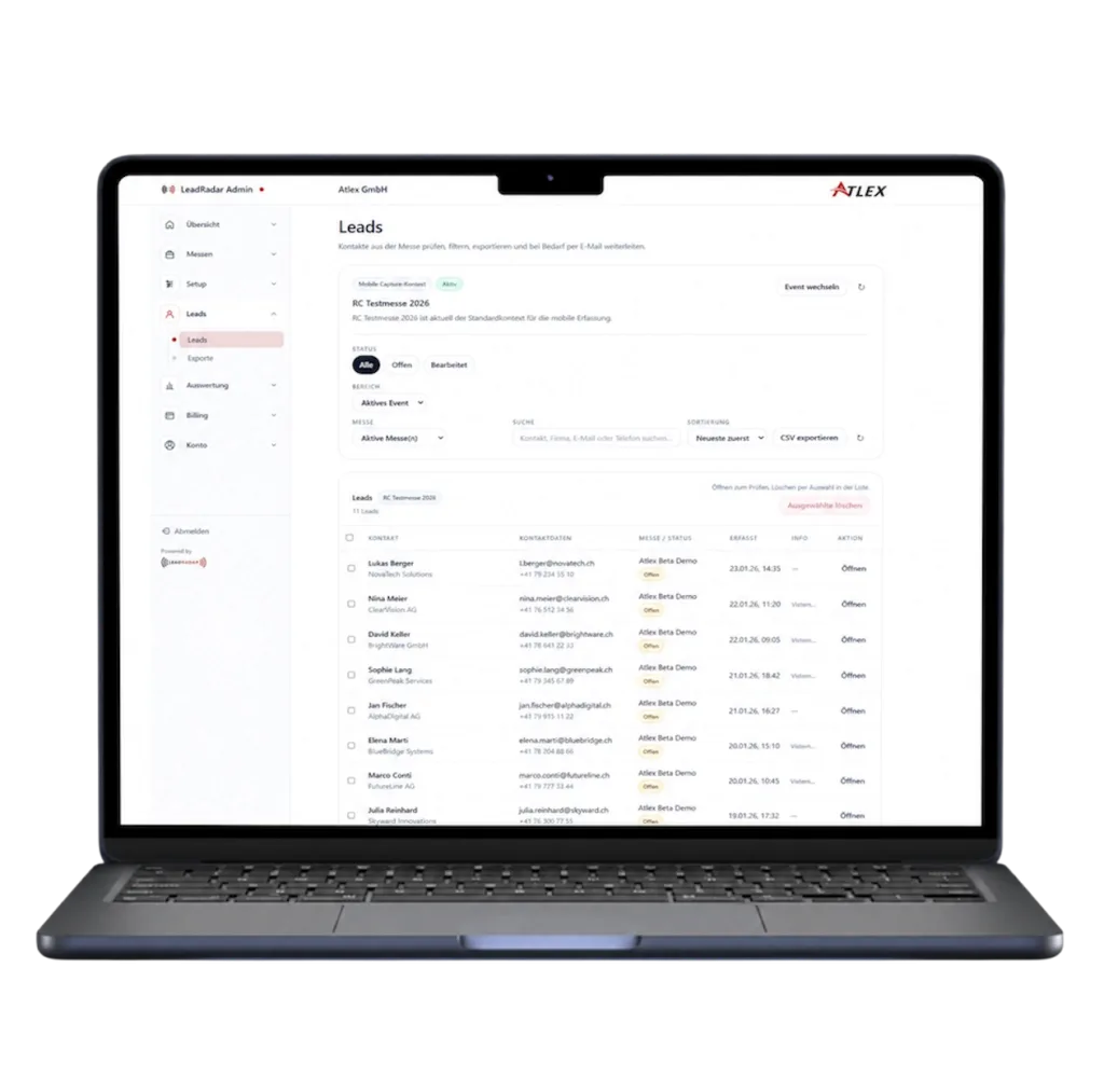 LeadRadar Backend zur zentralen Verwaltung, Prüfung und Weiterbearbeitung von Messe-Leads